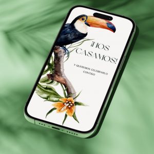 invitación digital tropical, invitación digital tropical, invitación digital exótica, invitación de boda fresca, invitación digital sostenible, invitación de boda online boho.