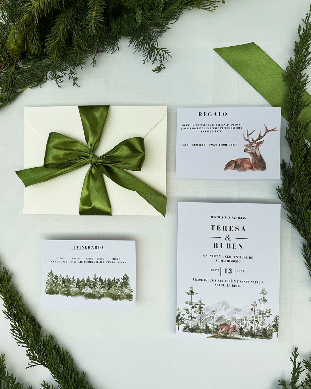 invitación física monte, invitación de boda rústica, invitación ciervos personalizada, invitación boda campo, papelería boda natural.