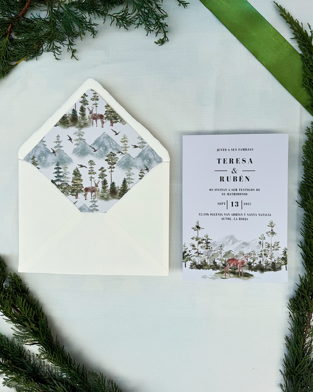 invitación física monte, invitación de boda rústica, invitación ciervos personalizada, invitación boda campo, papelería boda natural.